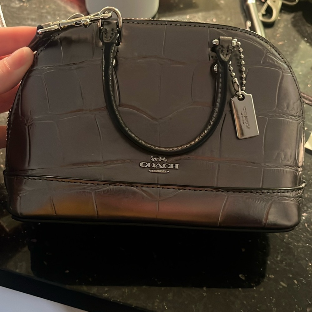 Mini silver coach purse. Comes with long strap and handles.